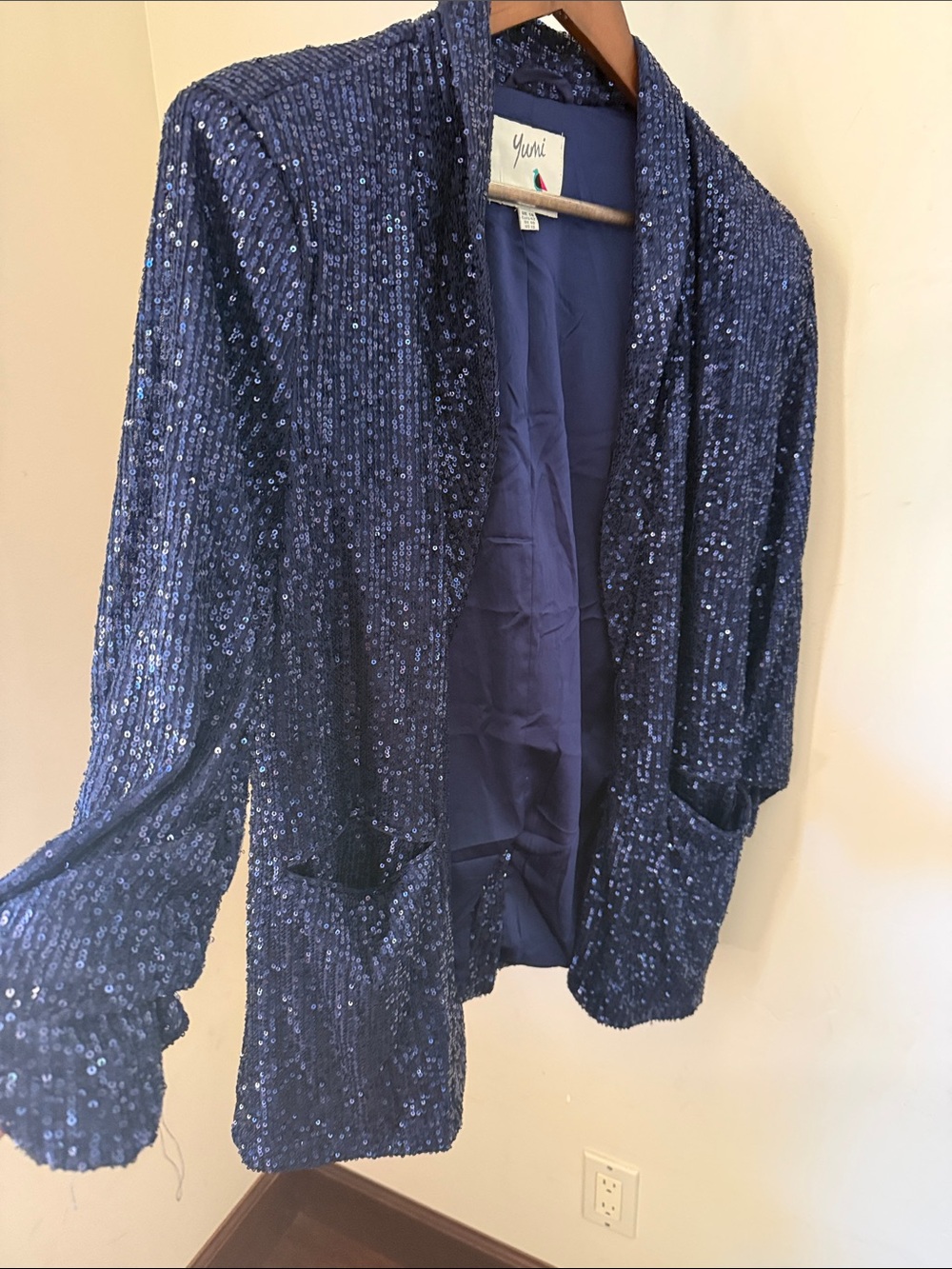 YUMI Navy Sequin Open-Front Blazer